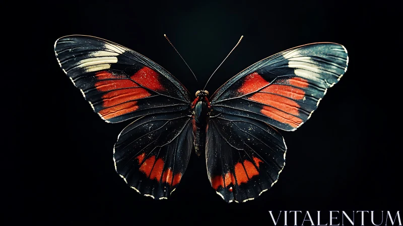 Nocturne wings unfold in crimson, ivory and midnight shadow.