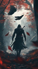 Hooded figure walks through red forest with falling feathers