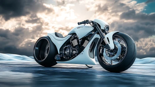 Streamlined futuristic motorcycle with wide slick tires in icy landscape
