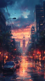 Spectral dusk boulevard with reflective rain-slicked roadway.