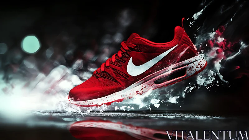 Red running shoe slices through dark space with kinetic spray