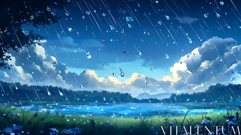 Animated lakeside rainfall captures luminous droplets in motion