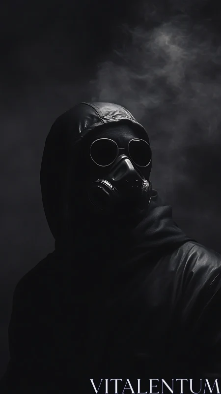 Shadowbound stranger in gas mask wrapped in midnight fog.