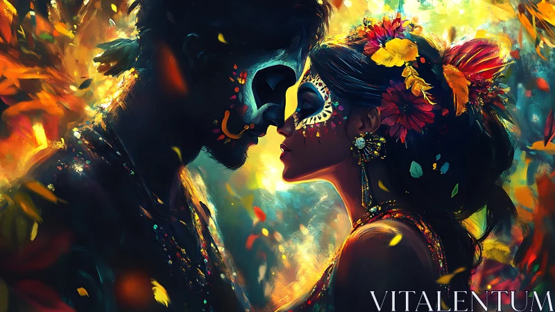 Luminescent Couple Kissing Among Vibrant Flower Bursts.