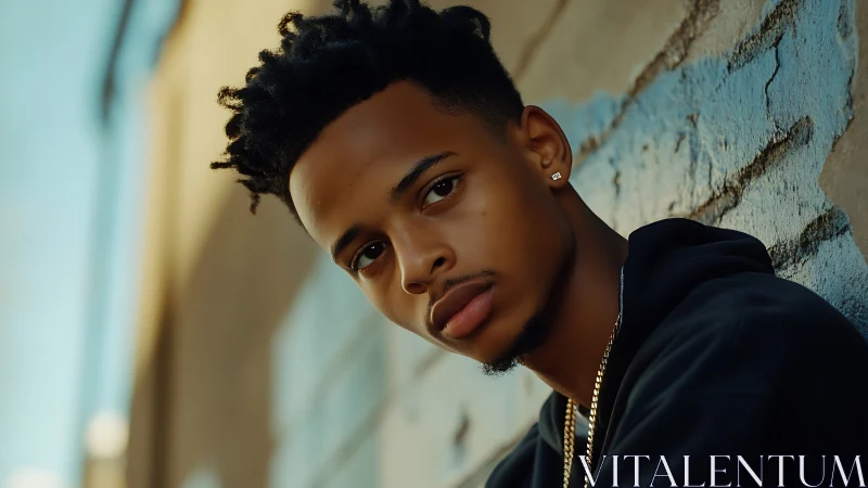 Young man leans against urban wall in soft evening light.