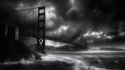 Storm-lashed steel giant guarding a monochrome coastal strait.