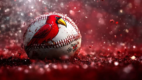 Cardinal logo baseball on glowing red glitter field.