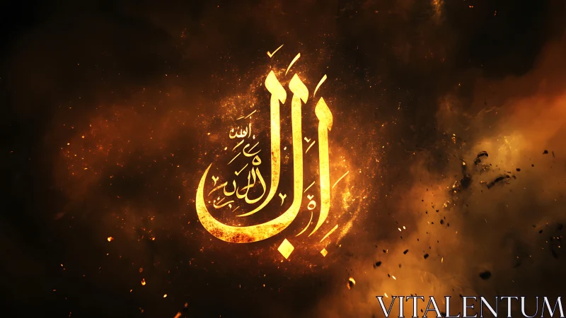 Arabic calligraphy glowing in fiery abstract nebula.