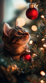 Wide-eyed tabby patrols forbidden red baubles of Christmas.