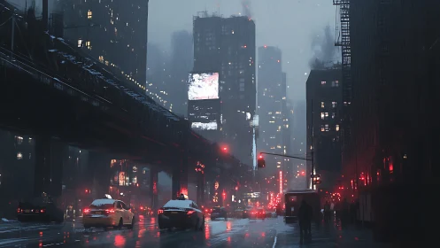 Rain-soaked night city street glows with red neon haze.