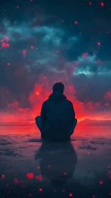 Solitary figure at red shoreline under glowing night sky.