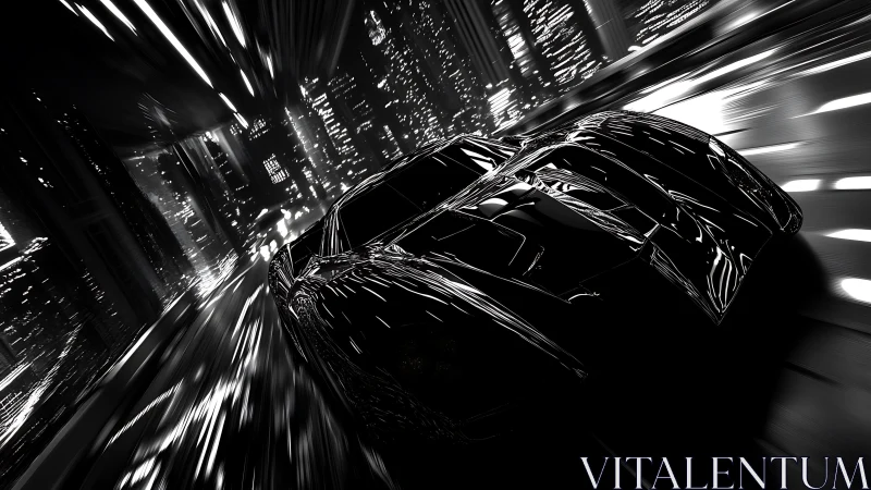 Futuristic sports car races through high speed city tunnel