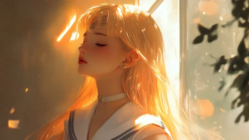 Sunlit anime girl in quiet golden afternoon glow.