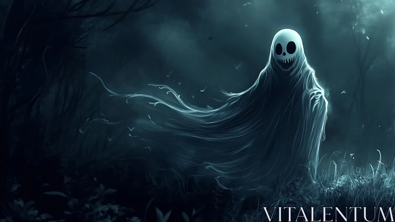 Ghostly figure drifting through dark misty forest at night.