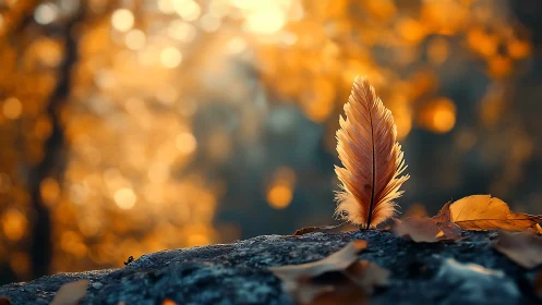 Vibrant autumn feather on rock with dreamy golden bokeh background.