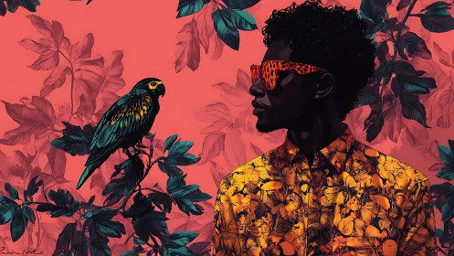 Chromatic profile study of man and parrot in tropical vector field.