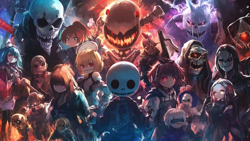 Dark fantasy chibi heroes facing skeletal monster horde.