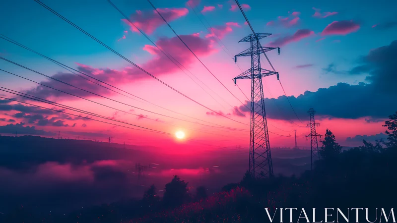 Sunset power lines over misty valley in neon twilight.