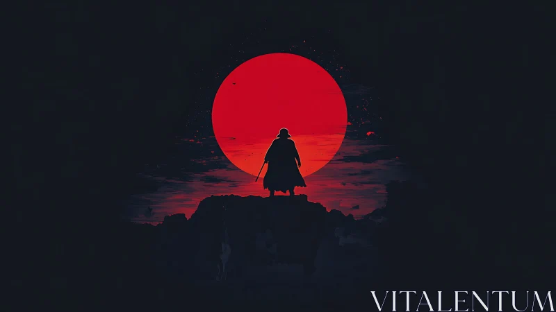 Silhouette of lone swordsman against large red sun.