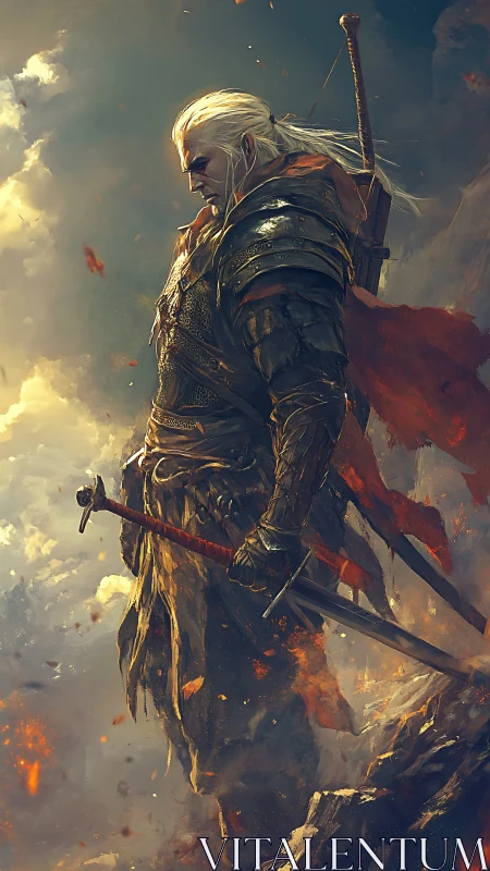 Armored warrior observes burning valley in dramatic side profile