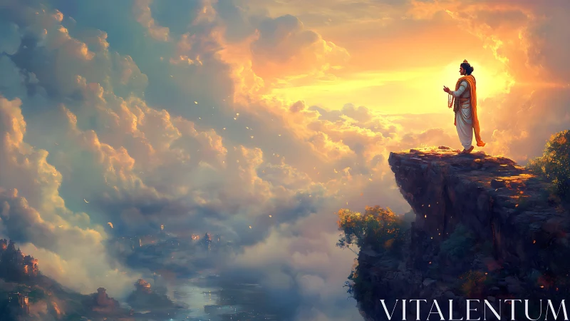 Solitary robed figure surveys luminous cloudscape at sunrise