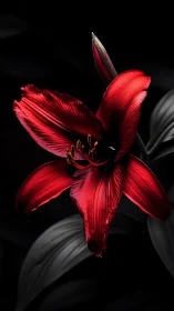 Red Amaryllis Flower Against Black Background