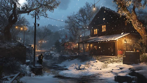 Cozy winter cottage glowing warmly under a gentle snowfall.