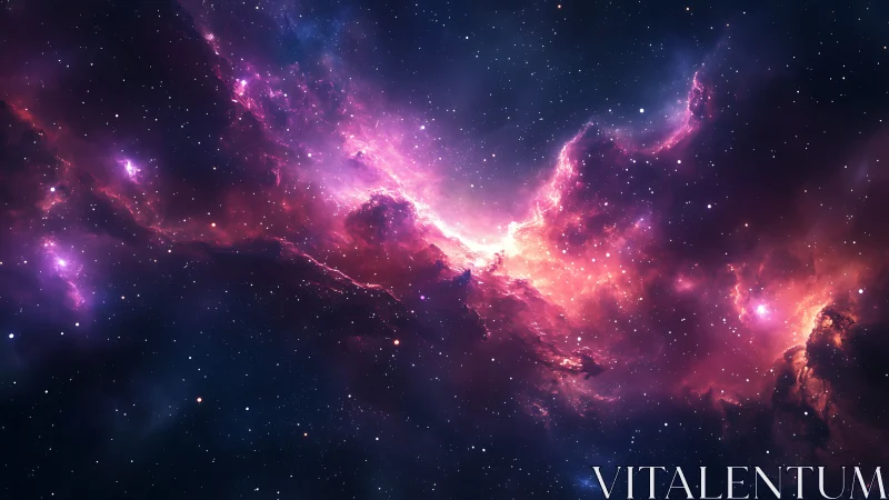 Radiant cosmic nebula glows in vibrant magenta starlight.