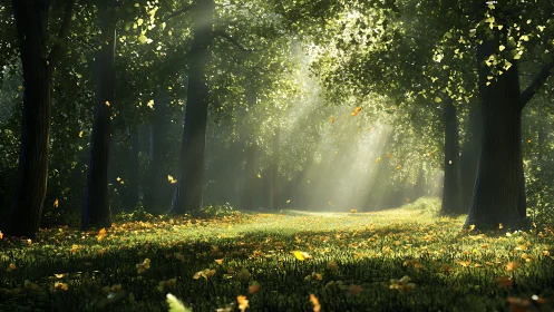 Sunlit Forest Path Where Golden Light Dances.