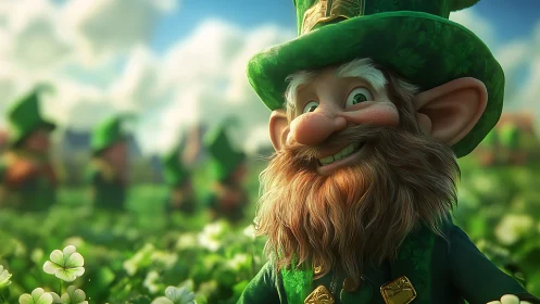 3D leprechaun character stands in clover field foreground