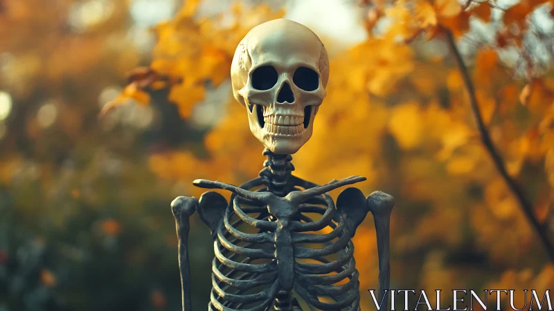 Cheerful autumn skeleton basking in golden leaflight hush.