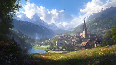 Alpine village nestles below snowcapped peaks in spring light.