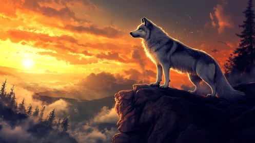 White wolf stands on rocky cliff above clouds at sunset