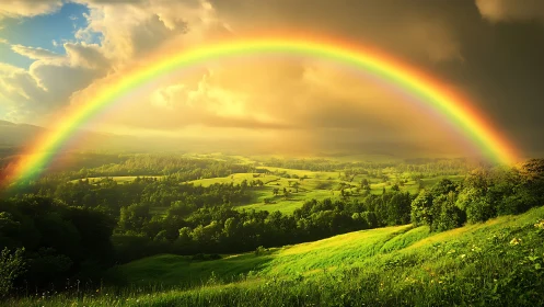 Spectral arc rainbow over sunlit valley landscape after storm