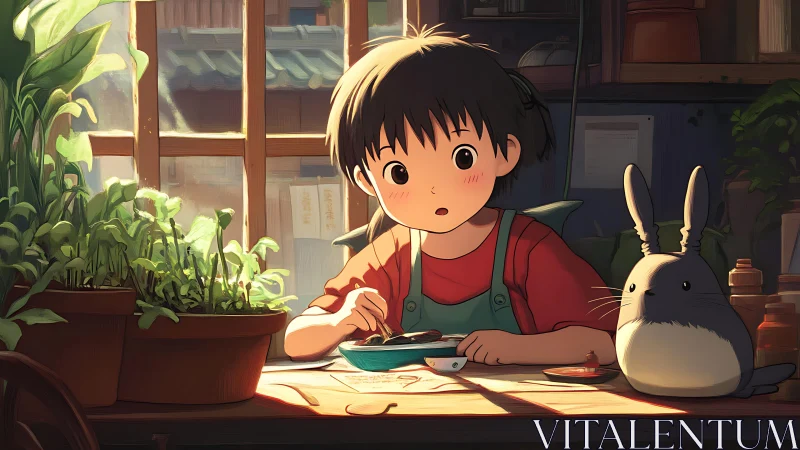 Child at sunlit desk studies with a plush forest companion.