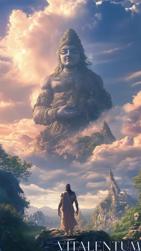 Giant serene deity statue rising above misty mountains.