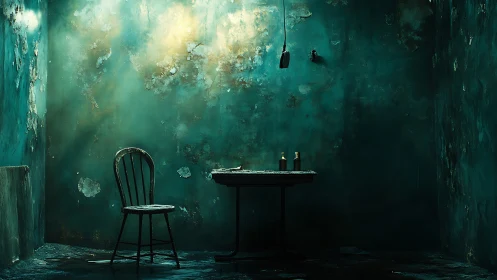 Decayed teal room with lone chair, table and moody beams.