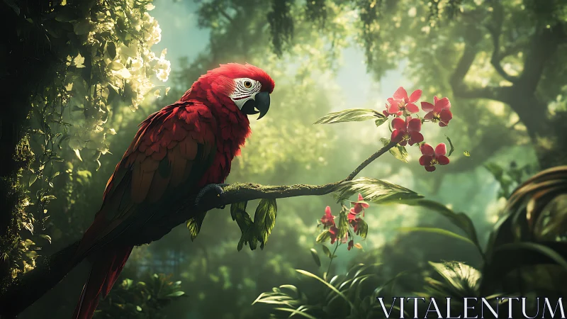 Scarlet macaw studies orchid blooms in diffused jungle light