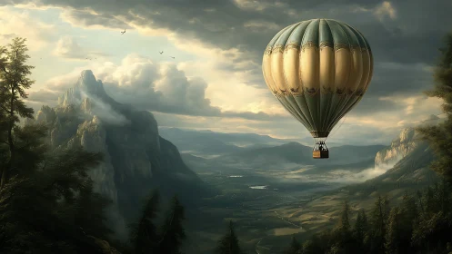 Majestic hot air balloon drifts across misty mountain valley.
