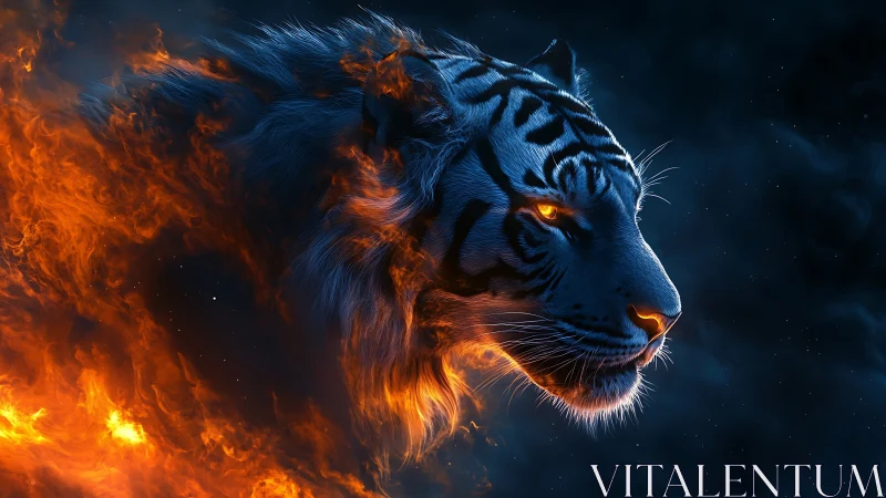 Fiery blue tiger head emerges from darkness and sparks
