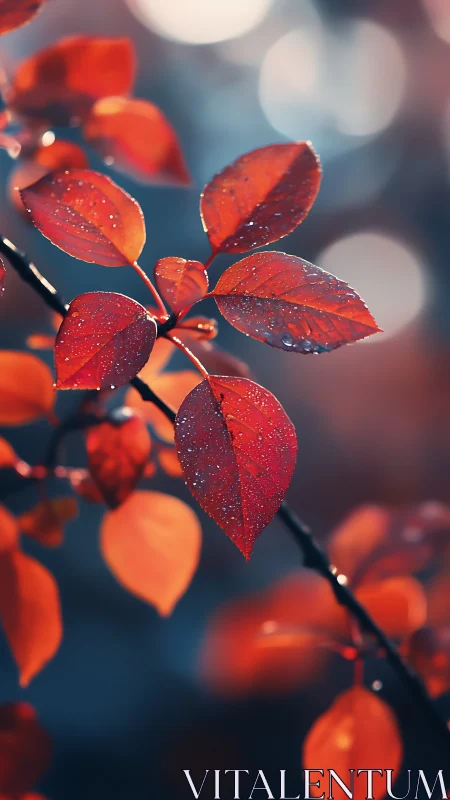 Crimson autumn leaves with raindrops in shallow bokeh field.