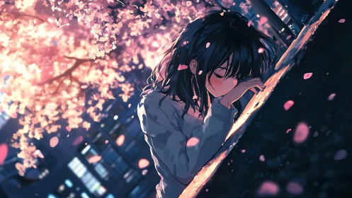 Girl rests on railing under illuminated cherry blossoms at night