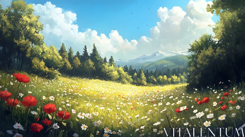 Digital painting landscape of wildflower meadow and distant peaks.