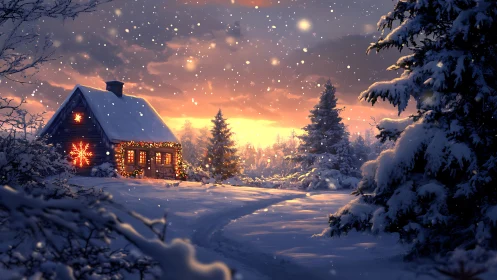 Snow-covered cabin with illuminated decorations under warm sunset sky