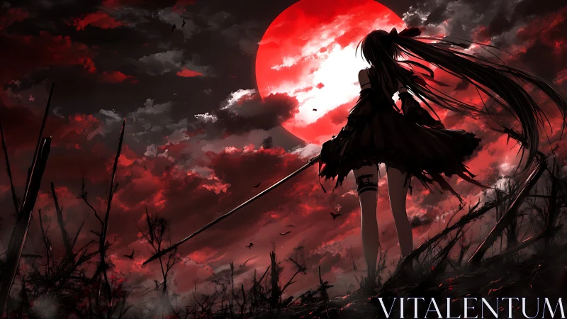 Silhouetted anime warrior stands before a blood-red eclipse sky