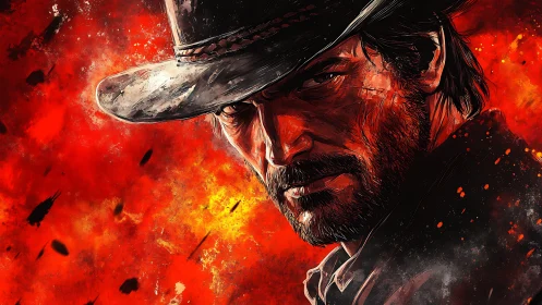 Grim bearded cowboy portrait against red fiery backdrop.
