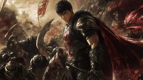 Armored swordsman in bloodstained battlefield with demonic horde