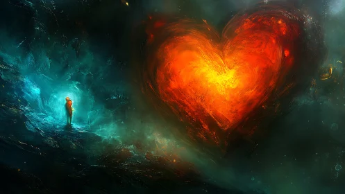 Solitary Figure Confronting Radiating Fiery Heart Geometry.