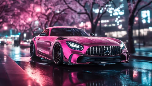 Sleek pink sports car cruising under dreamy city lights.
