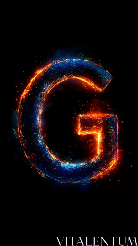 Flaming molten letter G in blue inferno on black field.